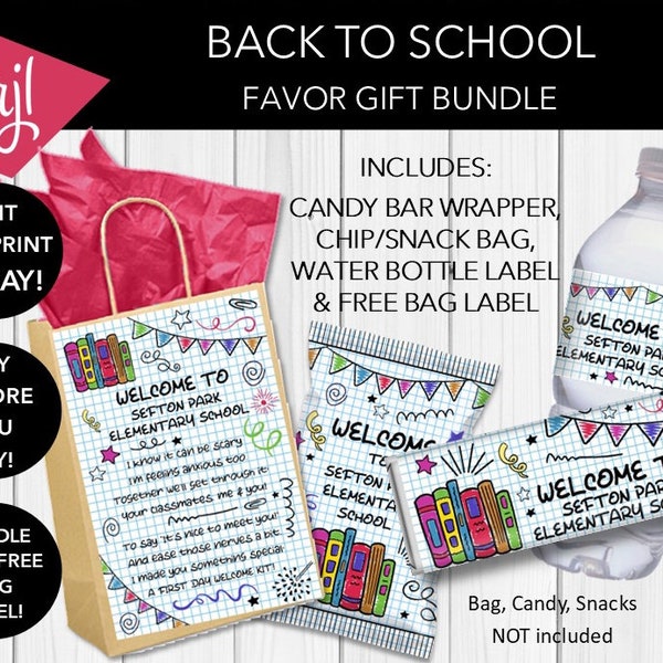 EDITABLE Back to School Doodle Favor Gift Bundle | Includes Favor Bag Label, Candy Wrapper, Water Labels, Chip Bags | Digital Download