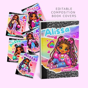May include: A collection of editable composition book covers featuring a cartoon character named Alissa with braided hair, holding a rainbow heart lollipop. The designs include a black and white speckled border, vibrant rainbow gradients, and pink hearts.