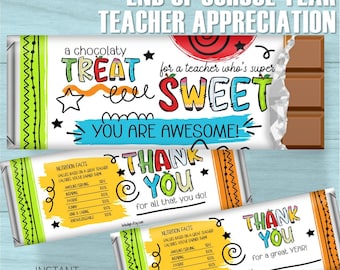 Teacher Appreciation Candy Bar Wrappers: End of School Year (Printable Download)