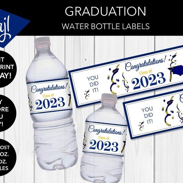 Editable Blue Cap Graduation Custom Water Bottle Labels | Personalized Stickers High School or College Graduation | Download Printable