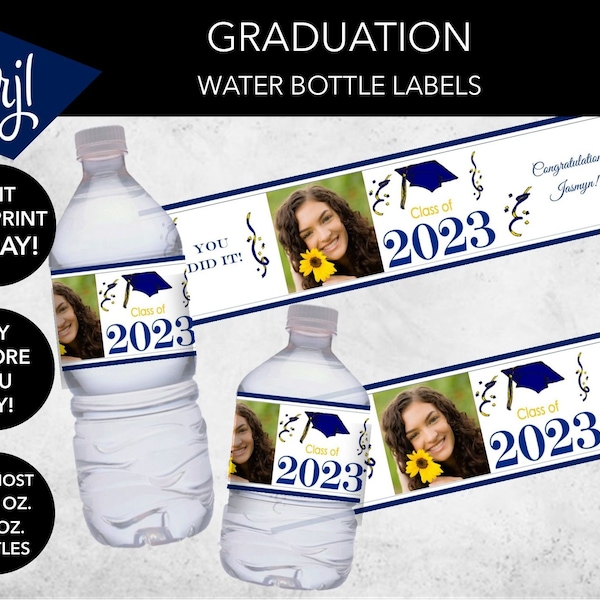 Editable Photo Blue Cap Graduation Custom Water Bottle Labels | Personalized Stickers High School or College Graduation | Download Printable