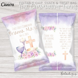 May include: A white chip bag with a purple and pink watercolor design. The bag has a cross, a chalice, and a candle on the front. The text on the bag reads "First Holy Communion Brianna Marie May 6, 2025". The back of the bag has a floral design and a bible verse.