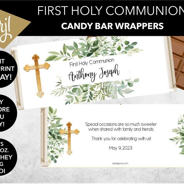 Editable Boho | First Holy Communion Candy Bar Wrappers | Personalized Chocolate Bar Wrapper | Fits 1.55 oz. & 40 g. Bars | Printable