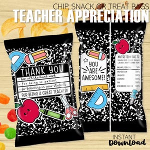 Sacs de jetons de remerciement pour les enseignants de fin d'année scolaire | Garnir de chips et de bonbons sains | Dernier jour d'école | Téléchargement instantané imprimable