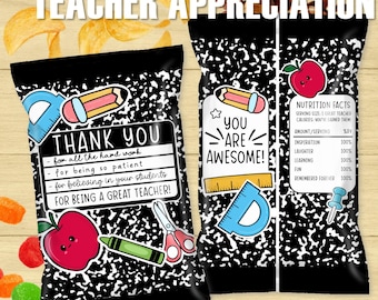 End of School Year Teacher Appreciation Chip Bags | Fill with Chips Candy Healthy Snacks  | Last Day of School | Printable Instant Download