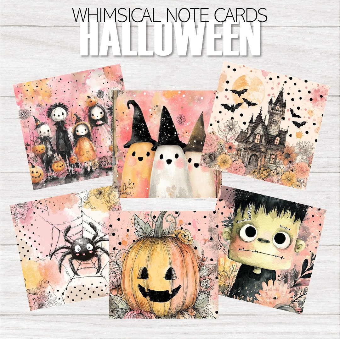 Whimsical Halloween Greeting Cards – Set of 6 Printable Note Cards, 5x5 ...