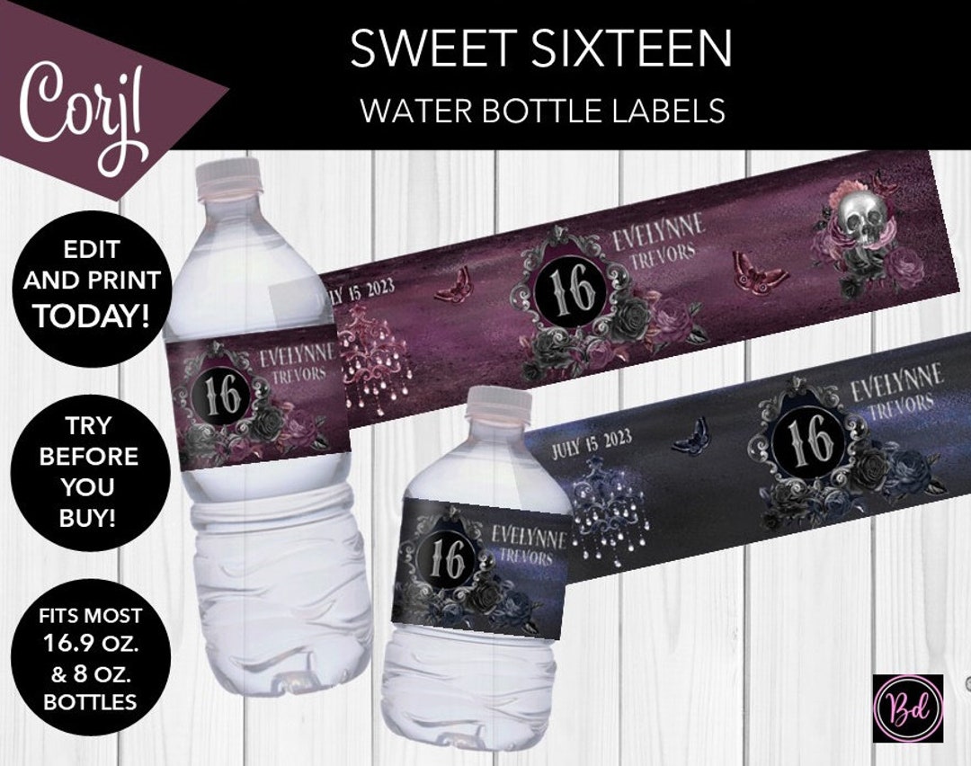 EDITABLE Gothic Skull Sweet 16 Sixteen Water Labels Goth Waterproof ...