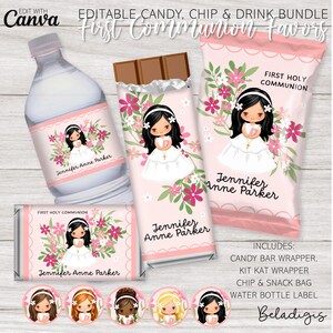 Könnte beinhalten: Druckbarer Erstkommunion-Geschenkset mit rosafarbenem Blumendesign. Enthält einen Schokoladenriegel-Wrapper, einen Kit Kat-Wrapper, einen Chip- und Snackbeutel und ein Wasserflaschenetikett. Das Design zeigt ein Mädchen in einem weißen Kleid und einem Blumenkranz. Der Text "Jennifer Anne Parker" ist auf jedem Artikel enthalten.