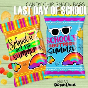 Neon School's Out For Summer Candy Chip Bags | Prezenty dla uczniów | Wypełnij chipsami, cukierkami, zdrowymi przekąskami | Koniec szkoły | Wersja do wydruku do pobrania