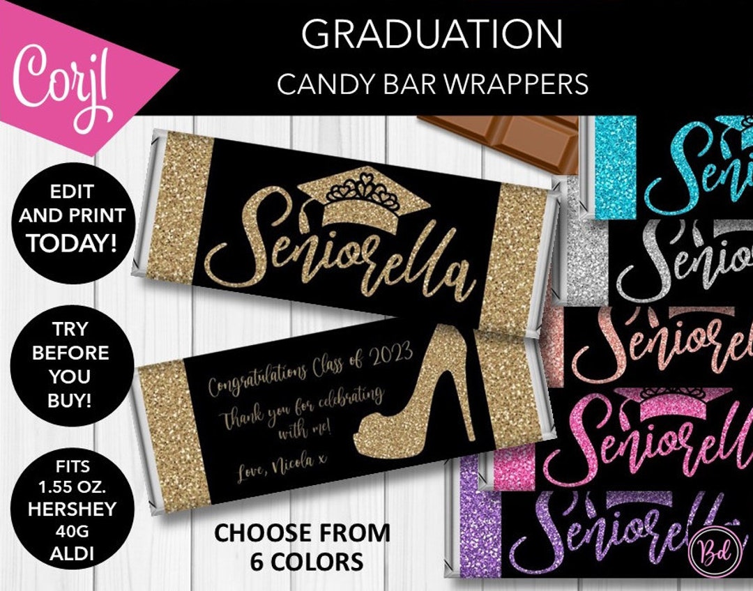 Editable Seniorella Glitter Graduation Candy Bar Wrappers 6 Colors ...