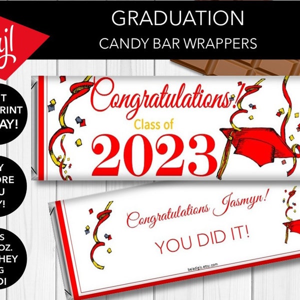 Editable Red Cap Graduation Candy Bar Wrappers | Personalized Chocolate Party Favors | High School College Graduation | Download Printable