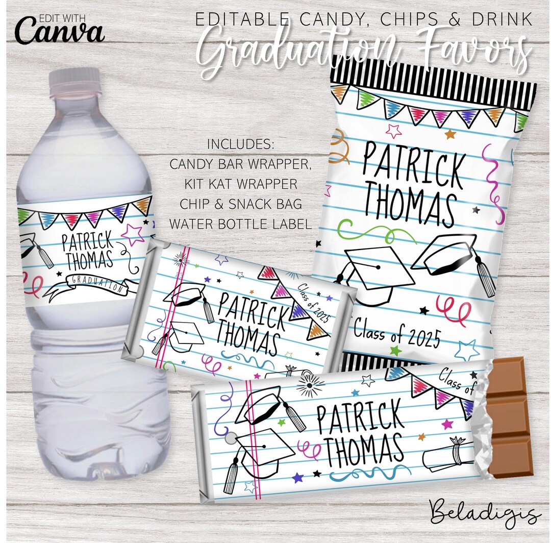 Doodle Graduation Favor Bundle: Editable Candy Wrappers (canva Template ...