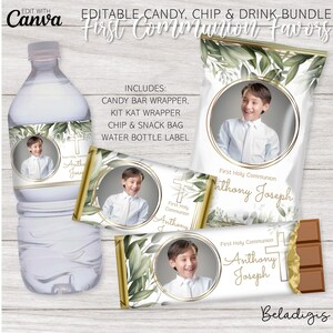 May include: Printable First Communion favor tags with a leafy green and gold design. The tags feature a photo placeholder, the text "First Holy Communion", and the name "Anthony Joseph".