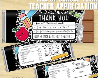 End of School Year Teacher Appreciation Candy Bar Wrappers | Teacher Thank You | End of School Year | Teacher's Gifts | Printable Download