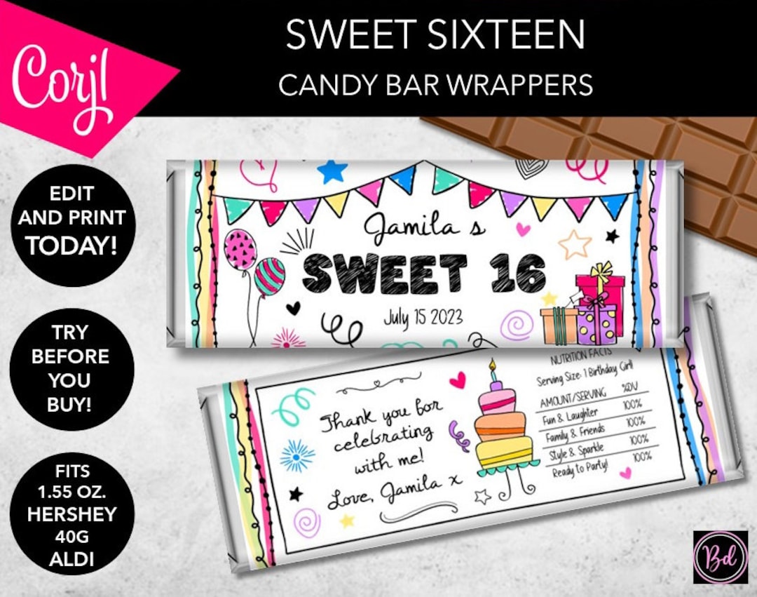 EDITABLE Doodle Design Sweet 16 Sixteen Candy Bar Wrappers Personalized ...