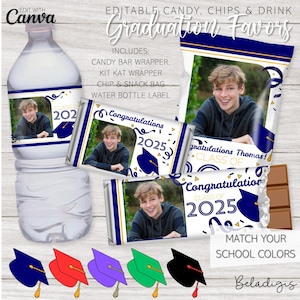 May include: Editable graduation party favour templates featuring a blue and gold colour scheme with a graduation cap and confetti design. The templates include a candy bar wrapper, Kit Kat wrapper, chip and snack bag, and water bottle label. The templates are customisable with a photo and text.