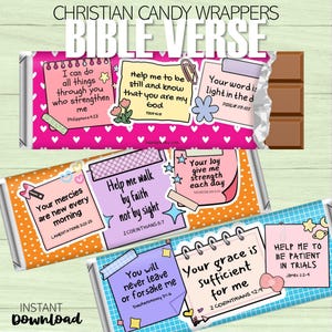 Op de afbeelding: Snoepwikkels met Bijbelteksten. De wikkels hebben kleurrijke ontwerpen met inspirerende citaten uit de Bijbel. De wikkels bevatten bovenaan de tekst "CHRISTIAN CANDY WRAPPERS" en "BIBLE VERSE" en onderaan "INSTANT DOWNLOAD".