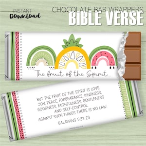 May include: Printable chocolate bar wrapper with a colorful fruit design and the text "The fruit of the Spirit..." and the Bible verse Galatians 5:22-23.  The verse reads: "But the fruit of the Spirit is love, joy, peace, forbearance, kindness, goodness, faithfulness, gentleness and self-control. Against such things there is no law."