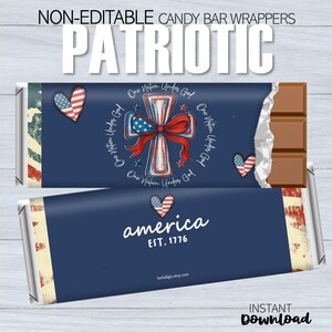 NON-Editable Printable God Bless America Patriotic Candy Bar Wrappers | Hershey Chocolate Bar | Memorial Day July 4th | Instant Download