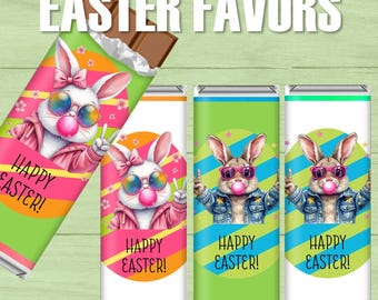 May include: Three printable chocolate bar wrappers featuring cartoon bunnies wearing sunglasses and blowing bubble gum. The wrappers have a colorful striped background and the text "Happy Easter!" on each.