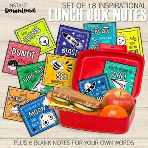 May include: A red lunch box with a sandwich, apple, and orange, surrounded by colorful inspirational lunch box notes. The notes have various designs and phrases like "You Shine" and "Bee Yourself!" The set includes 18 notes and 6 blank ones.