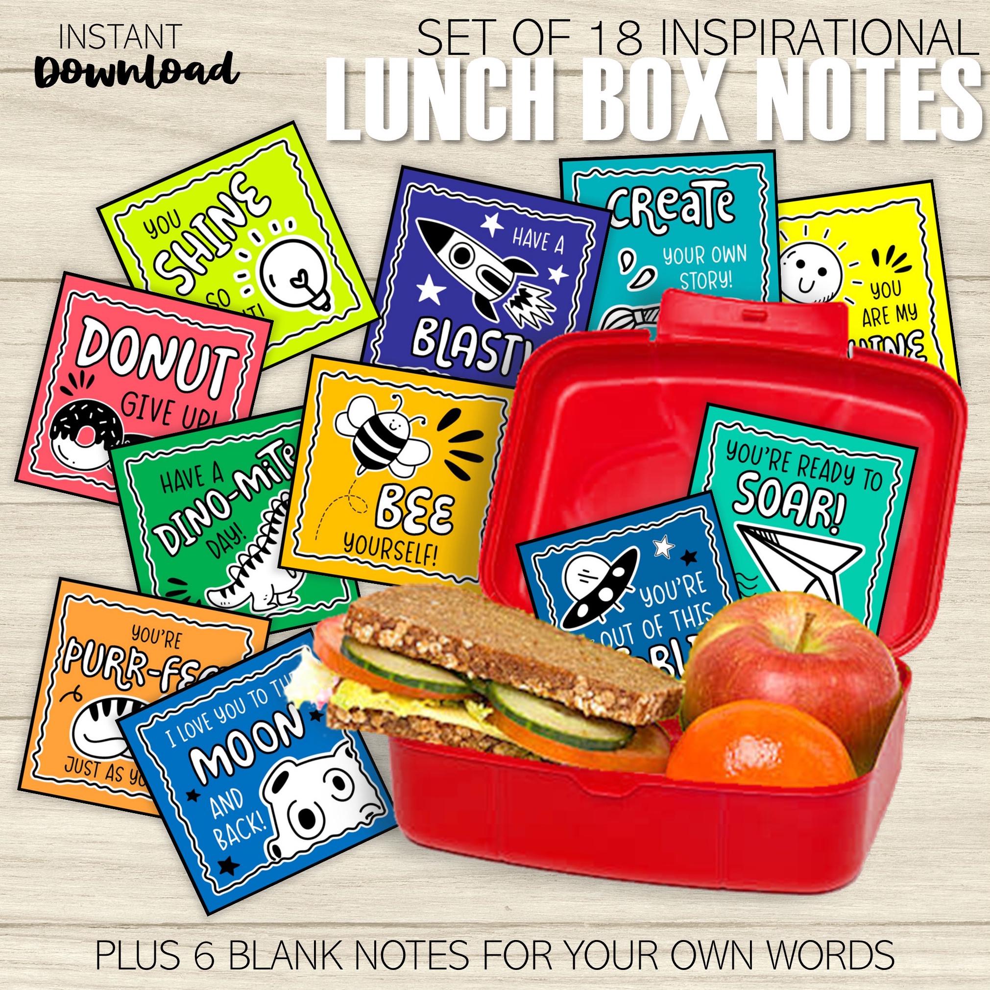 18 Lunch Box Notes for Kids + 6 Bonus, For School or Summer Camp, Inspire, Bright Doodle Lunchbox Notes, NON Editable, Printable, Download