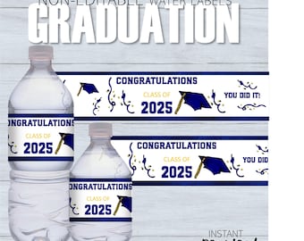 Blue Cap Graduation Water Bottle Labels: Printable Party Favor (Digital Download)