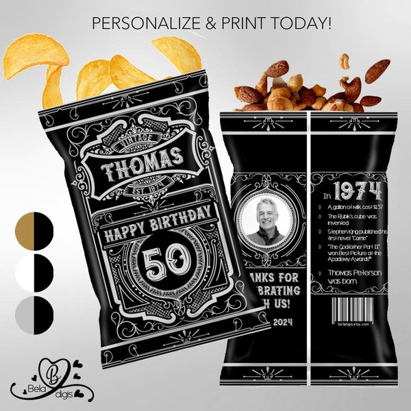 Vintage Whiskey Photo Men's Birthday Chip Bags |  Personalized Snack Bags Party Favors | Custom | Fits 1 oz Chips Snacks | Printable DIY