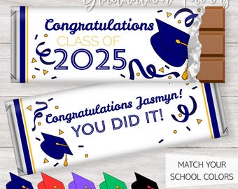 編集可能な卒業キャップ用キャンディーバーラッピング：卒業パーティーの記念品（Canvaテンプレートの即時ダウンロード）