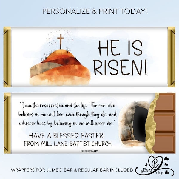 He Is Risen Christian Cross Easter Candy Wrapper Party Favor & Gifts | Hershey Chocolate Bars 4.4 oz. 1.5 oz. | DIY Editable Printable