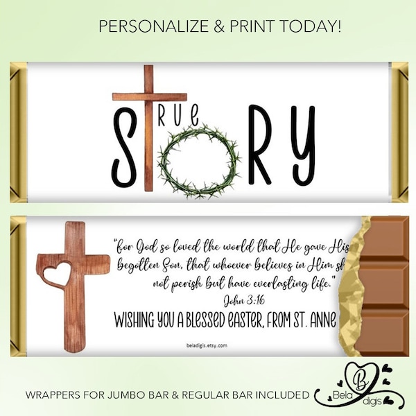 True Story Christian Cross Easter Candy Wrapper Party Favor & Gifts | Hershey Chocolate Bars 4.4 oz. 1.5 oz. | DIY Editable Printable