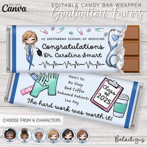 Editable Doctor Graduation Candy Bar Wrappers | Personalized Chocolate Bars | Printable Party Favors | Canva Template Instant Download