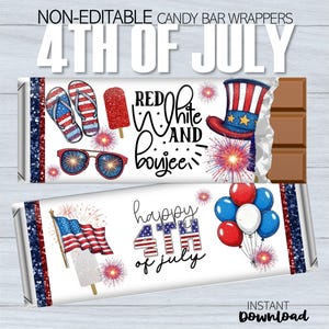 NON-Editable Red, White & Boujee! 4th of July Candy Bar Wrappers, Boujee 4th of July Favors, Celebrate Independence Day,  Printable Download
