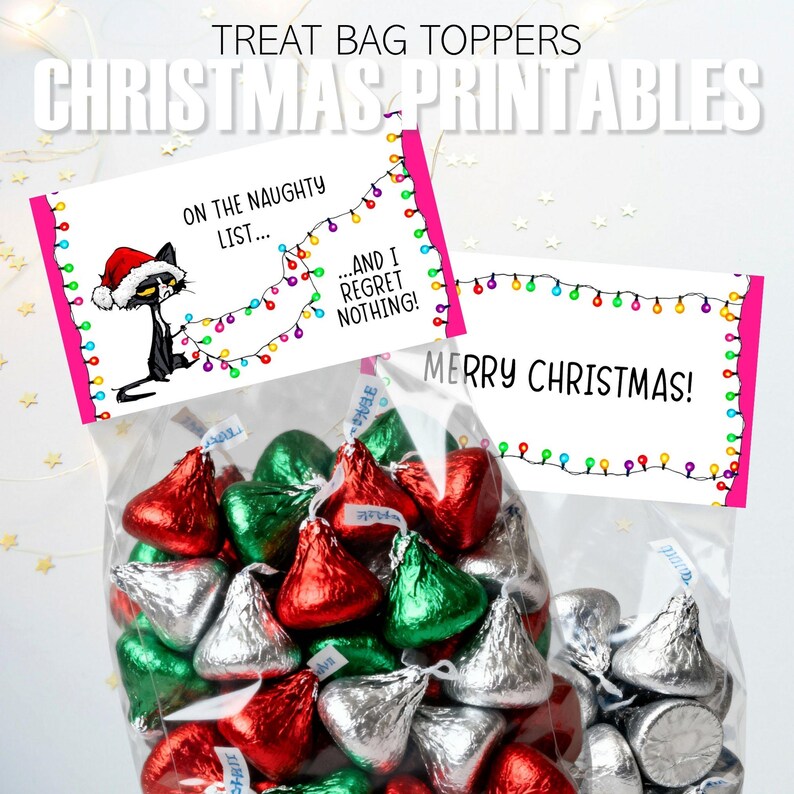 Naughty Cat Christmas Bag Toppers: Printable Holiday Party Favors, Kisses Candy Topper Tags, Xmas Gift (Instant Download) image 1