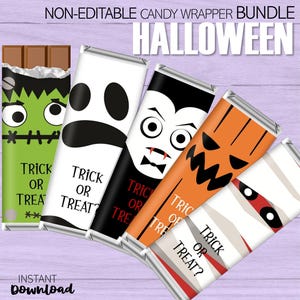 May include: A collection of Halloween-themed candy bar wrappers. The wrappers feature designs of a Frankenstein monster, ghost, vampire, jack-o'-lantern, and mummy. Each wrapper has the text "TRICK OR TREAT?" and "INSTANT DOWNLOAD" is also visible.