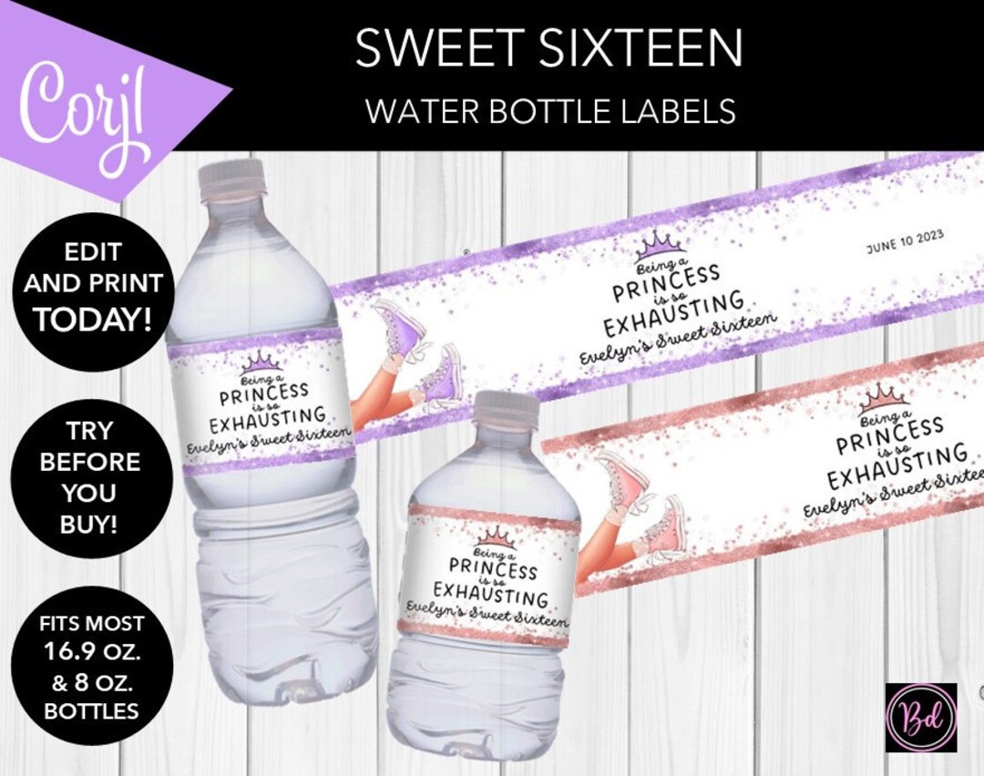 EDITABLE Lt. Skin Pink or Purple Princess Sweet 16 Sixteen Water Labels