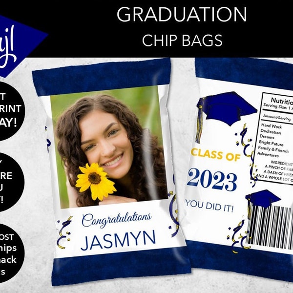 EDITABLE Photo Blue Cap Graduation Chip Bags | Personalized Snack Bag Favor | High School College Graduation | Instant Download Printable