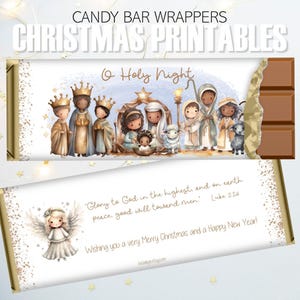 May include: Candy bar wrappers with a Christmas theme. The top wrapper features a nativity scene with the text "O Holy Night." The bottom wrapper has an angel illustration and the text "Glory to God in the highest..."