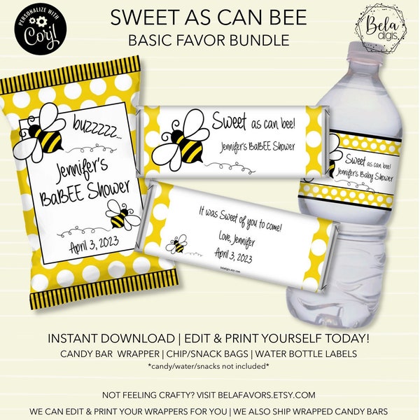 Sweet As Can Bee Baby Shower Party Favor Bundle | Babee Shower | Candy Wapper, Chips Bags, Water Bottle Labels | Download Printable Digital