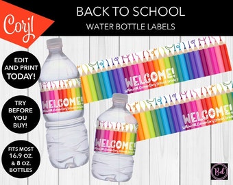 EDITIERBARE Back to School Bleistift Wasserflaschenetiketten | Wasserfeste Aufkleber | Kindergarten Vorschule | Passend für 16,9 & 8 oz. Flaschen | Digital