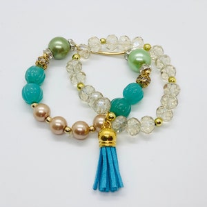 Peruvian Glass Bead Charm Tassel Bracelet Set
