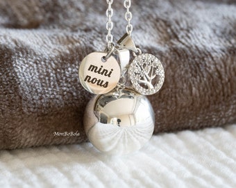 Silver pregnancy bola, zirconia tree of life, CHOICE OF: Mini Us / Baby on Board medallions, stainless steel chain. mom-to-be gift