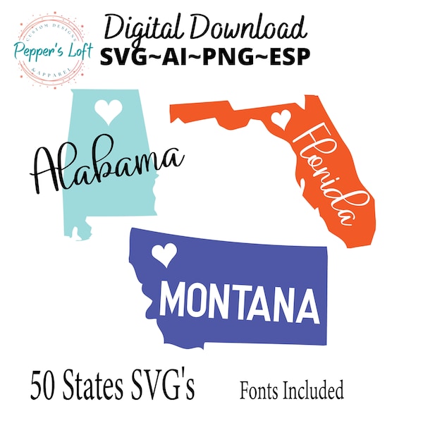 50 States SVG DIGITAL DOWNLOAD, Includes Font Files for customization