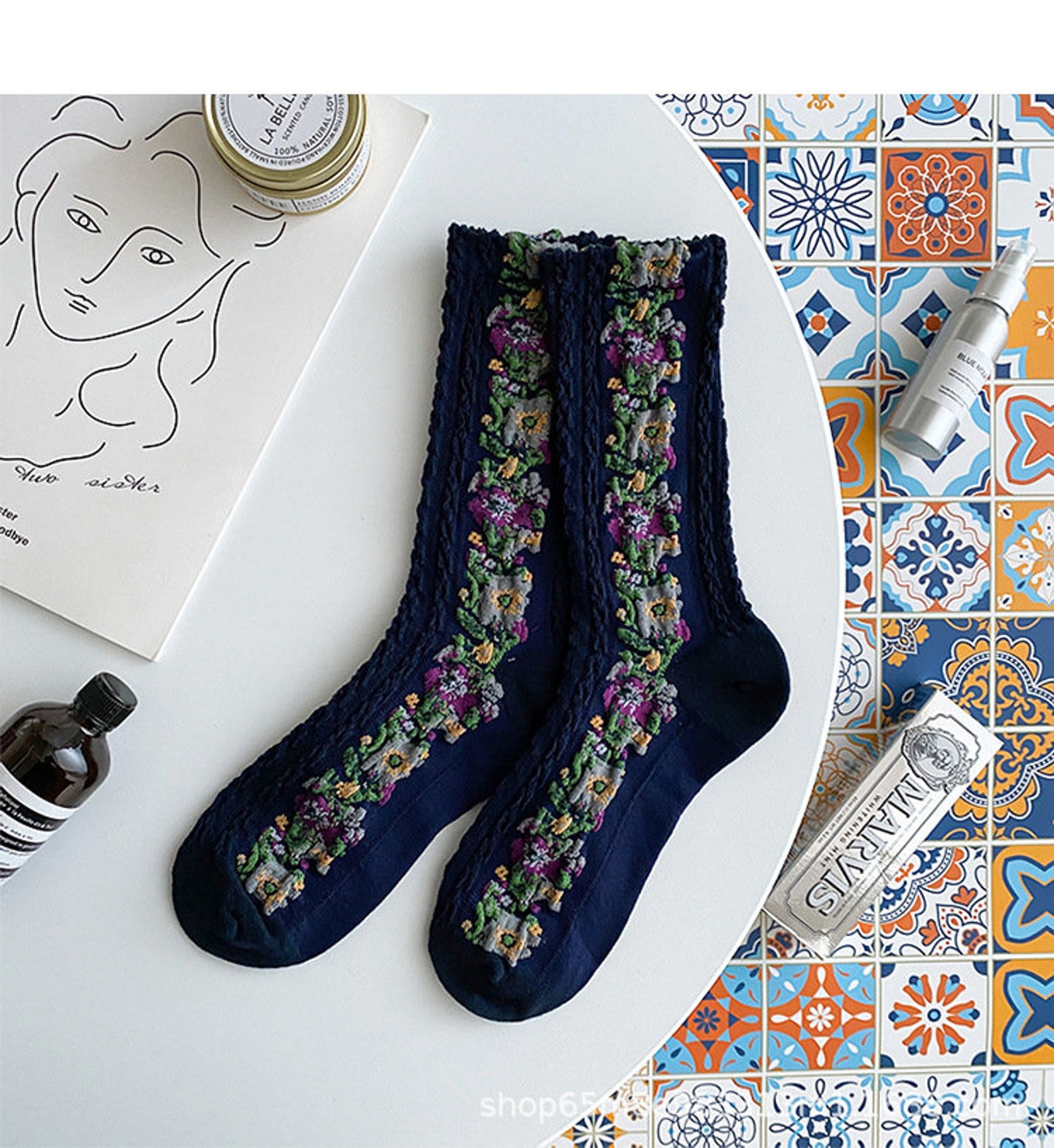 5 Colour Set Woman Cotton Embroiled Socks Thick Cotton Etsy