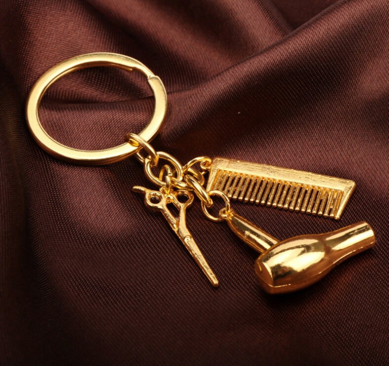 Barber Tool Keychain Hairdryer / Comb / Scissors gold / Etsy