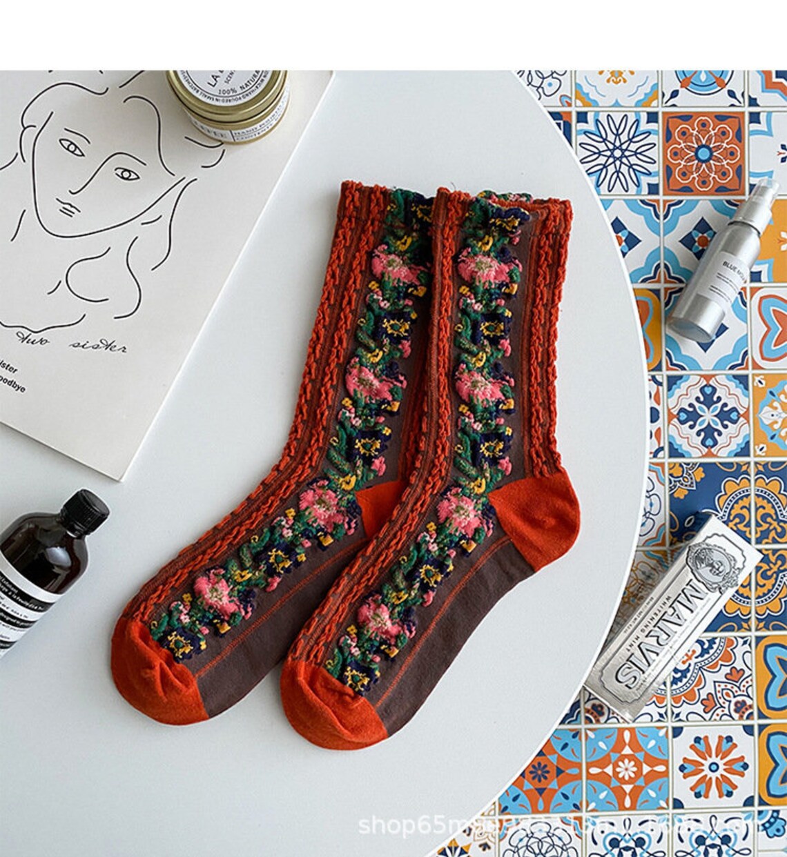 5 Colour Set Woman Cotton Embroiled Socks Thick Cotton Etsy