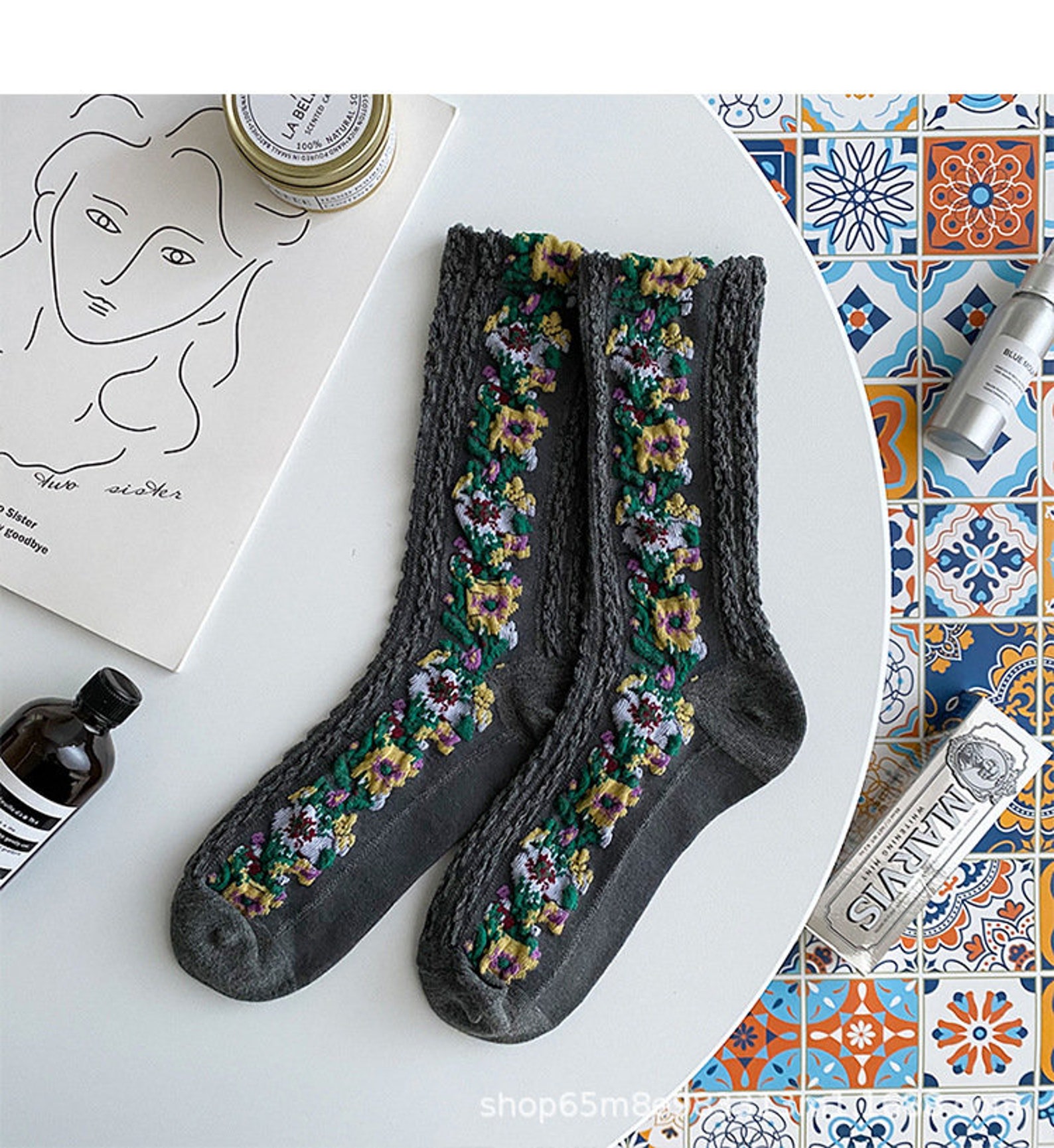 5 Colour Set Woman Cotton Embroiled Socks Thick Cotton | Etsy