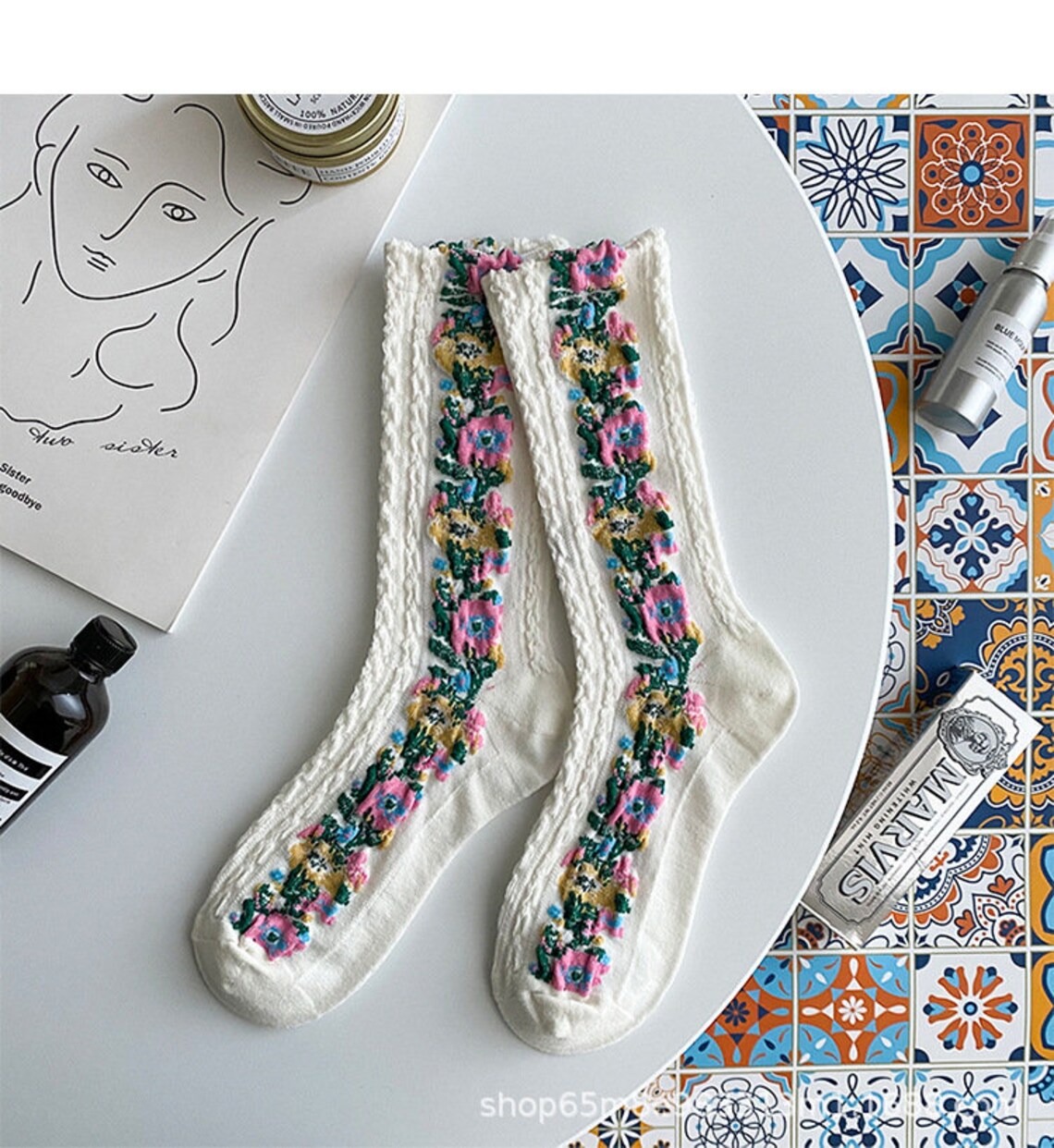 5 Colour Set Woman Cotton Embroiled Socks Thick Cotton Etsy