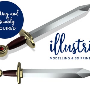 Op de afbeelding: Een zilveren zwaard met een gouden handvat en een rode edelsteen. Het zwaard bestaat uit twee delen en moet worden geverfd en geassembleerd. De afbeelding bevat de tekst "Illustris Modelling & 3D Printing".