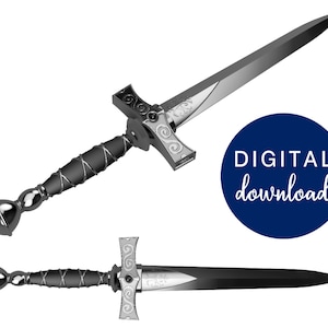 May include: Two silver daggers with black wrapped handles and ornate silver details. The daggers have a pointed blade and a rounded pommel.